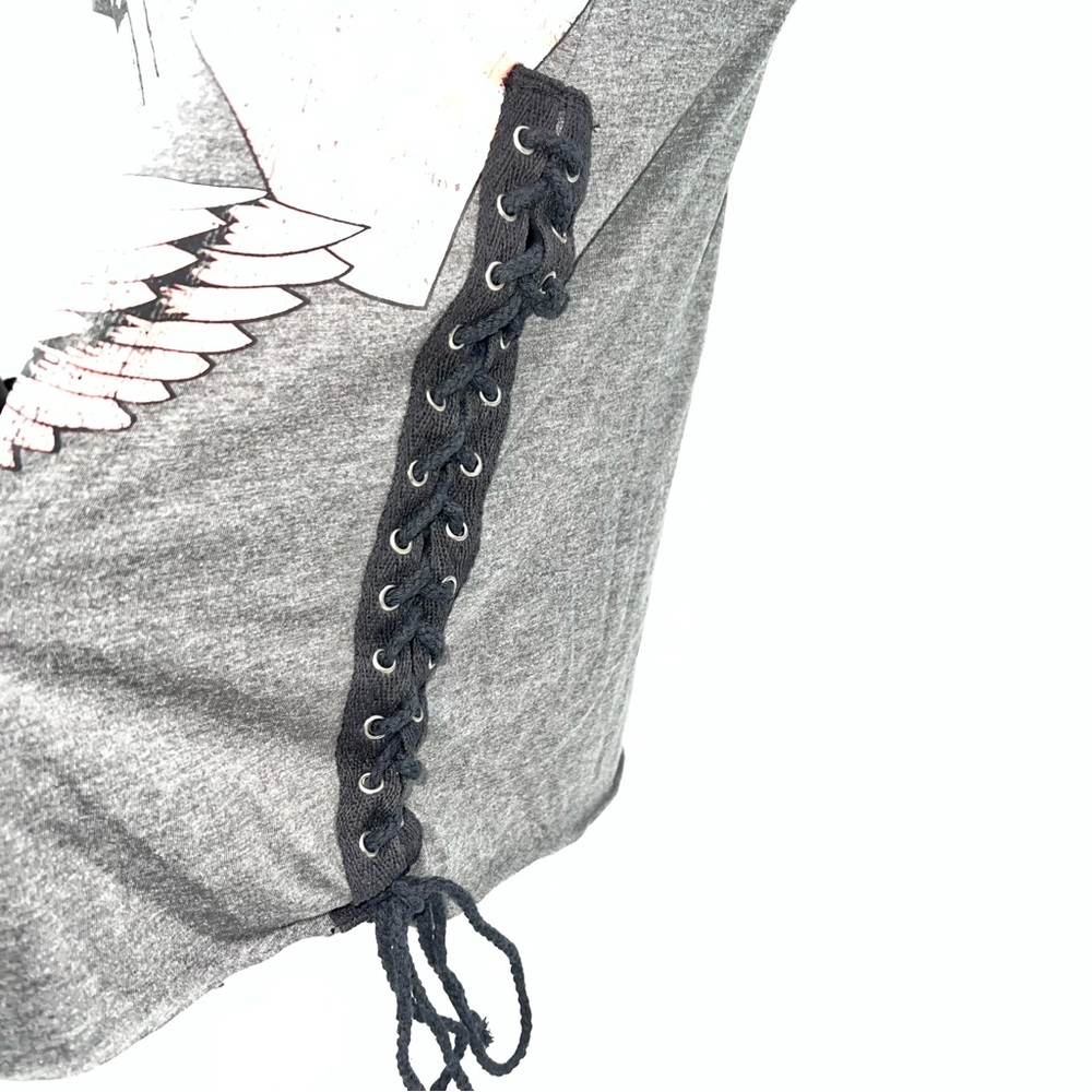 Derek Heart Patriotic Graphic Tee Laces Up The Sides- Charcoal:Crimson-Size S - Picture 6 of 9
